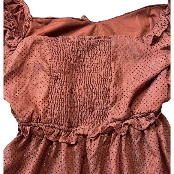By The River Puff Sleeve Brown Black Dots Short Dress Off Shoulder Size Medium - Picture 6 of 10